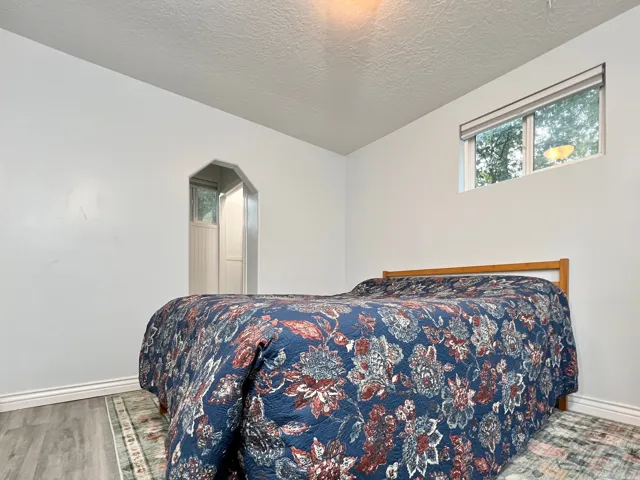 Archway entry, wood-finish flooring, white walls, transom window, white trim