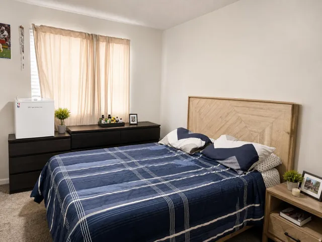 Light-colored walls, window with blinds, light-toned window coverings, headboard with geometric wood-finish pattern, carpeted flooring
