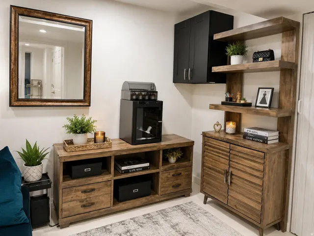 Wall-mounted mirror with an ornate frame, distressed wood-finish media console, and a tall wood-finish shelving unit