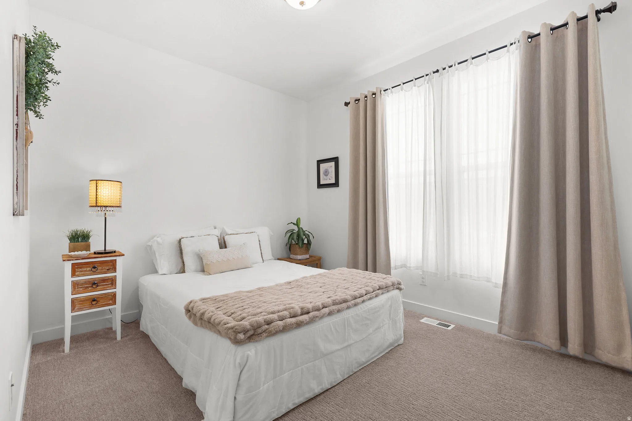 Plush carpeting, a large window with sheer and blackout drapery, and a ceiling-mounted light fixture