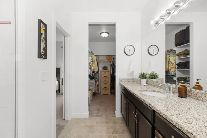 Vanity with a light-colored speckled countertop, undermount sink, and dark wood-finish cabinetry