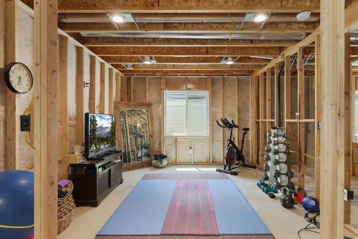 Unfinished lower level with wood framing, exposed ceiling joists, and recessed lighting