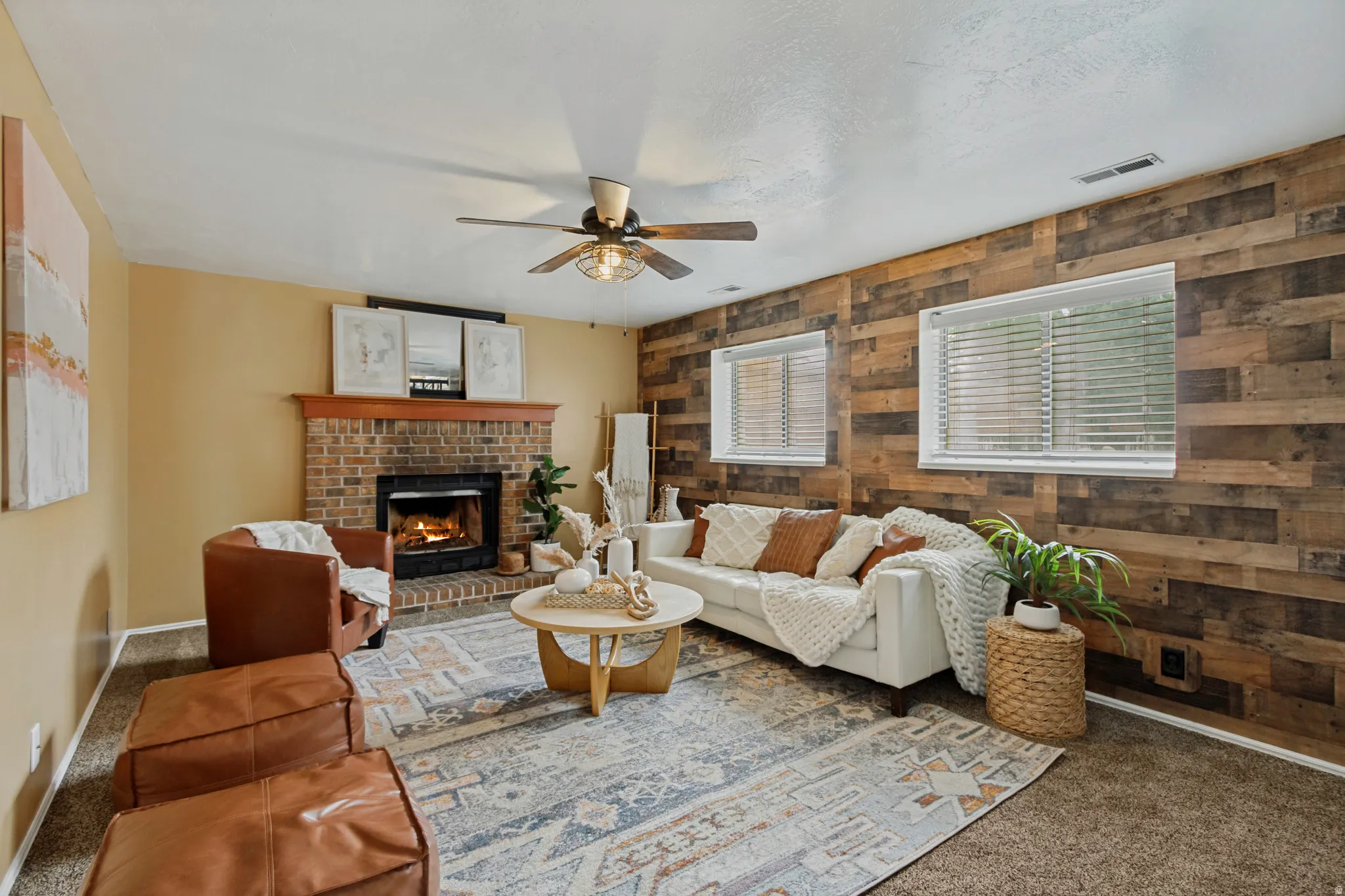 Family space with wood burning fireplace