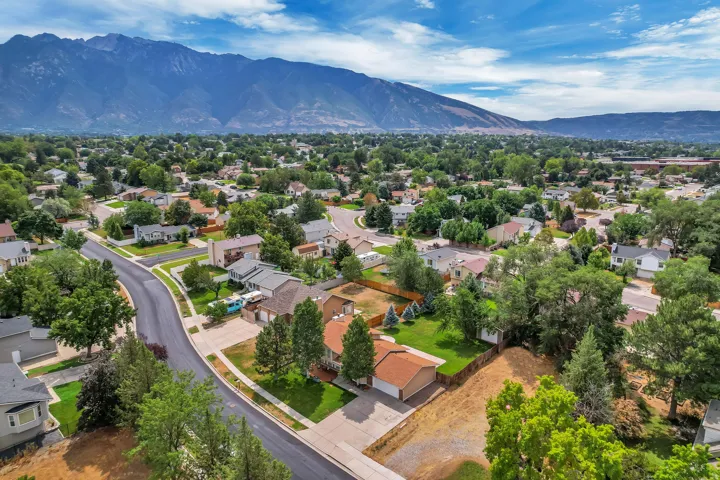 Mountain backdrop, established neighborhood, residential streets, mature trees, suburban setting