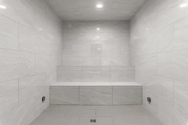 Tiled walls and flooring with a built-in bench