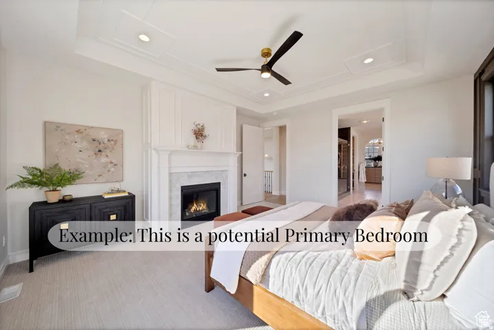 Recessed lighting, ceiling fan, and tray ceiling with decorative molding