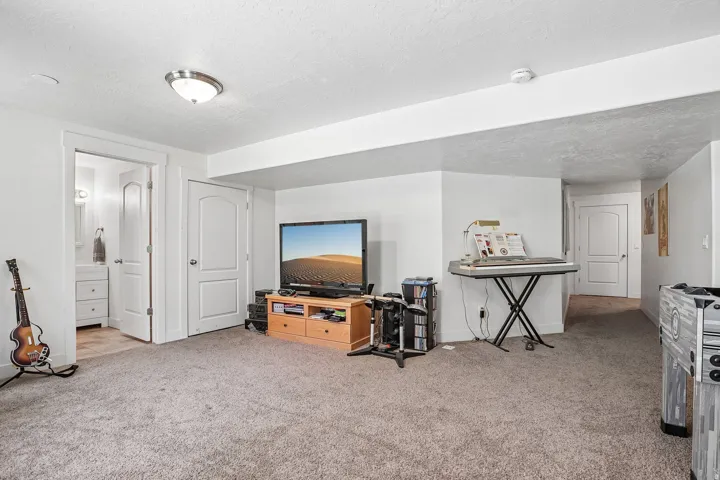 Carpeted living space with recessed lighting and a built-in entertainment area