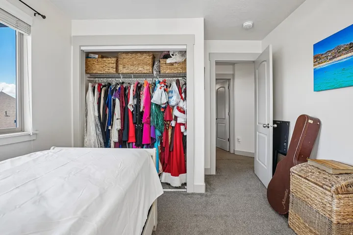 Carpeted bedroom featuring an open closet with shelving and hanging storage, a window with blinds, and white interior doors
