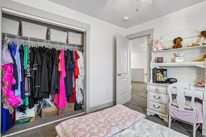 Built-in closet system with shelving, neutral wall paint, and gray trim