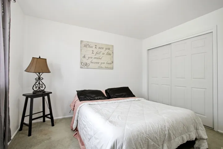 Recessed sliding closet doors complement the neutral wall tones and carpeted flooring