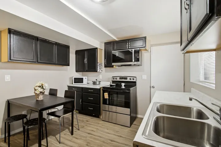 Kitchen featuring wood-finish flooring, dark cabinetry, and white countertops
