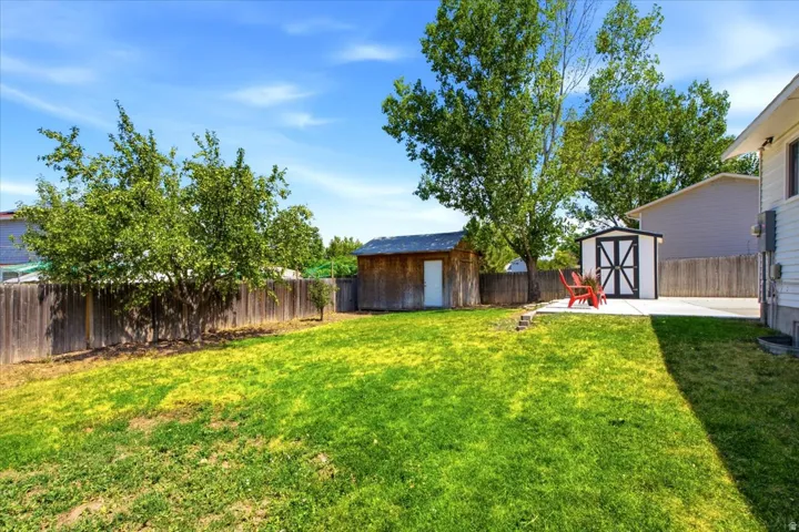 Expansive backyard featuring a lush lawn, privacy fencing, a concrete patio, a storage shed, and mature trees