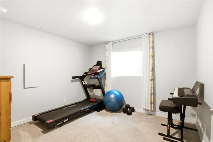 Carpeted room with a window, white walls, and a flush-mount ceiling light