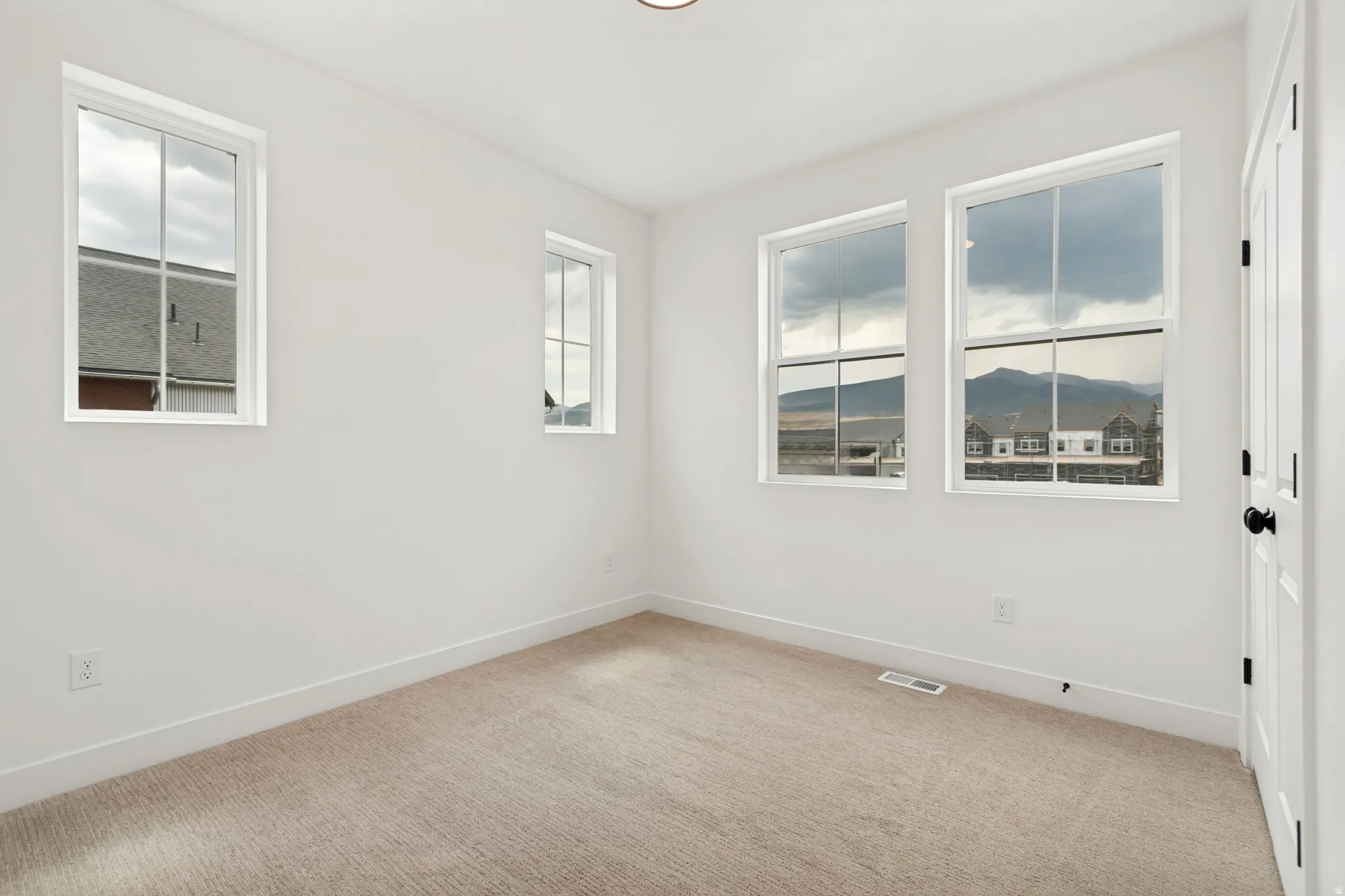 Neutral wall paint, plush carpeting, multiple windows, white trim, and a paneled door