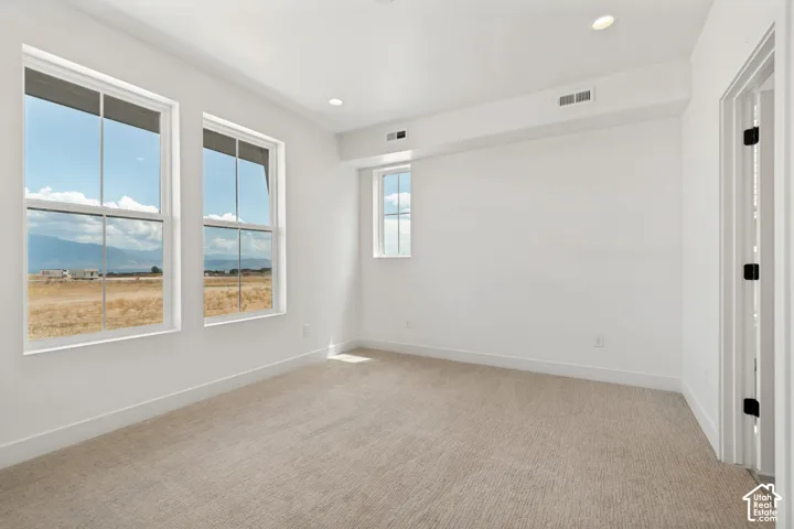 Recessed lighting, light-toned carpet flooring, white painted walls, and white window trim