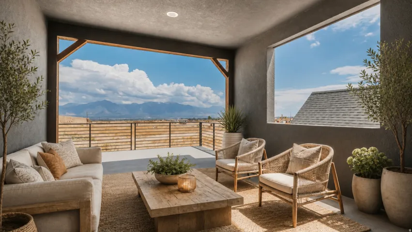 Covered outdoor patio with exposed beam ceiling, recessed lighting, and mountain scenery