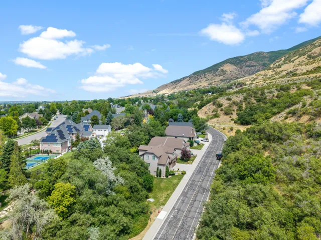 Aerial view showcasing a substantial estate nestled on sloped terrain with mature landscaping, a paved driveway approach, and a secondary residence