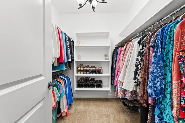 Spacious walk-in closet featuring extensive built-in shelving and hanging rods, wood-finish flooring, recessed lighting, and organized storage for a substantial wardrobe collection