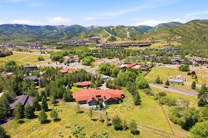 Expansive lot with lush green landscaping, mature trees, and a mountain backdrop