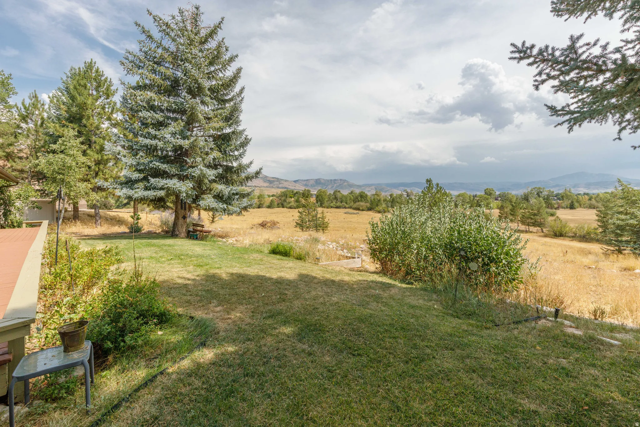 Expansive green lawn with mature trees and a distant mountain backdrop