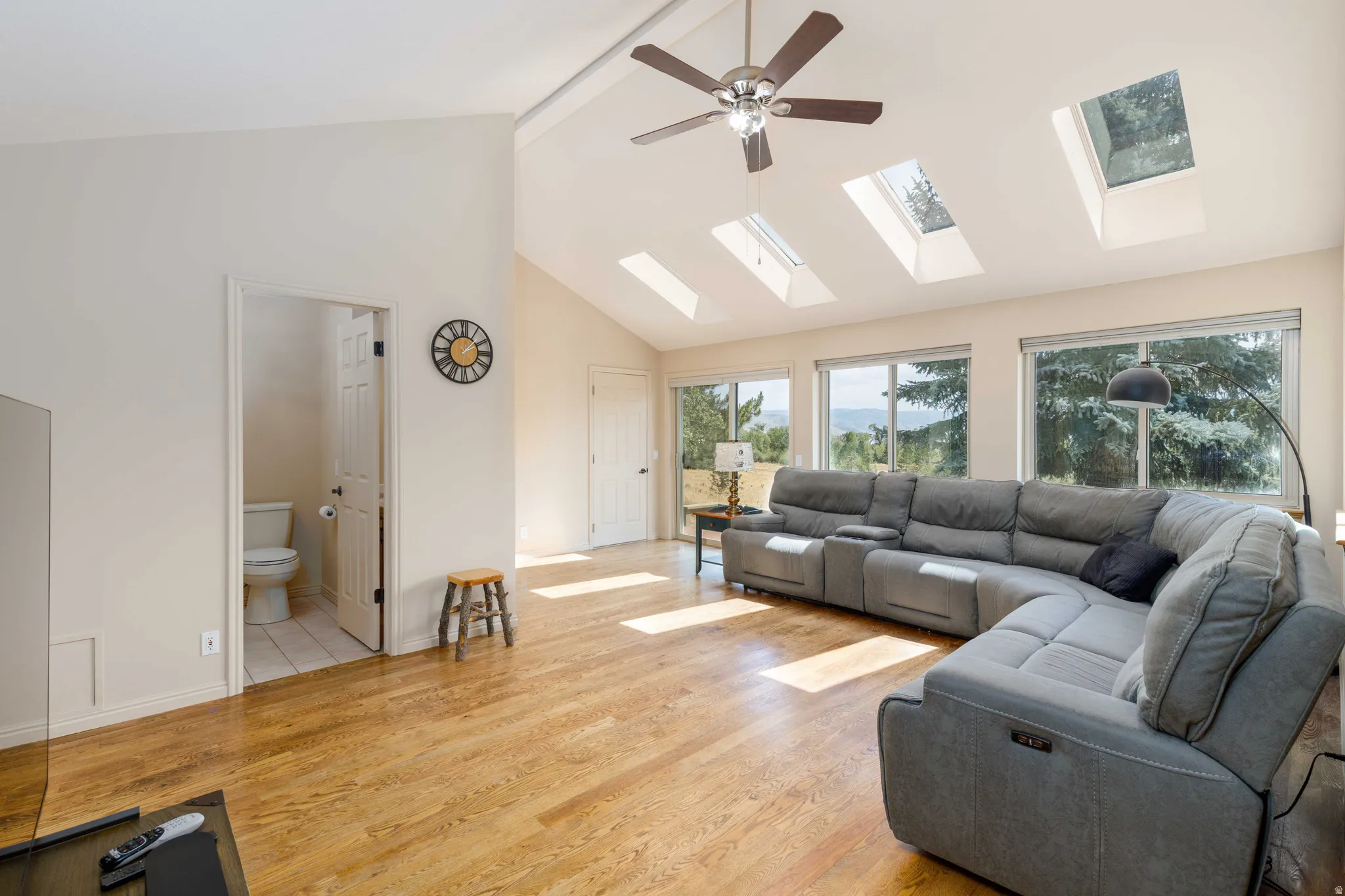 Vaulted ceilings, wood-finish flooring, numerous skylights, ceiling fan, and large windows