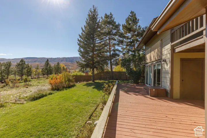 Expansive wood-finish deck with a rail, manicured lawn, perimeter fencing, and mature evergreen trees