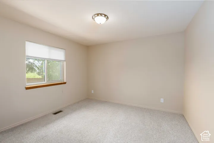 Light-colored carpeting, neutral wall paint, and a window with a roller blind