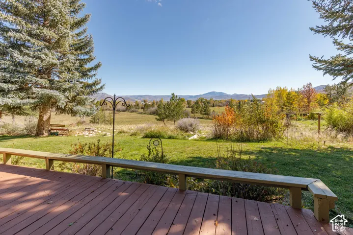 Elevated wood deck featuring integrated perimeter bench seating, overlooking expansive grounds with mature coniferous trees and a mountain backdrop