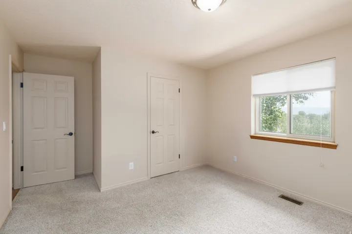 Neutral wall paint, light-toned carpeting, flush-mount ceiling light fixture, white window with wood-finish sill, and paneled interior doors