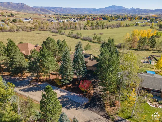 Aerial perspective of a multi-structure property featuring mature evergreen and deciduous trees, expansive acreage, asphalt driveway, and mountain range backdrop