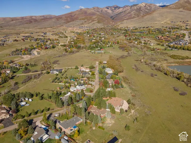 Aerial perspective of a residential area set against an expansive mountain range, featuring established native vegetation, mature evergreen trees, and proximity to open meadow landscapes