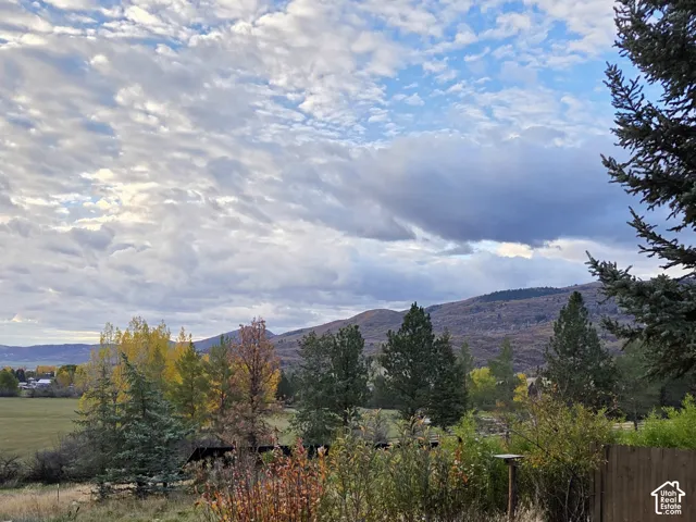 Expansive mountain landscape featuring mature evergreen and deciduous trees, open meadow, and perimeter wood fencing