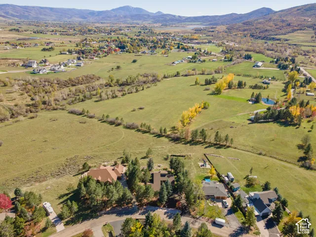 Aerial perspective showcasing expansive acreage featuring native vegetation, mature evergreen trees, and surrounding mountain topography