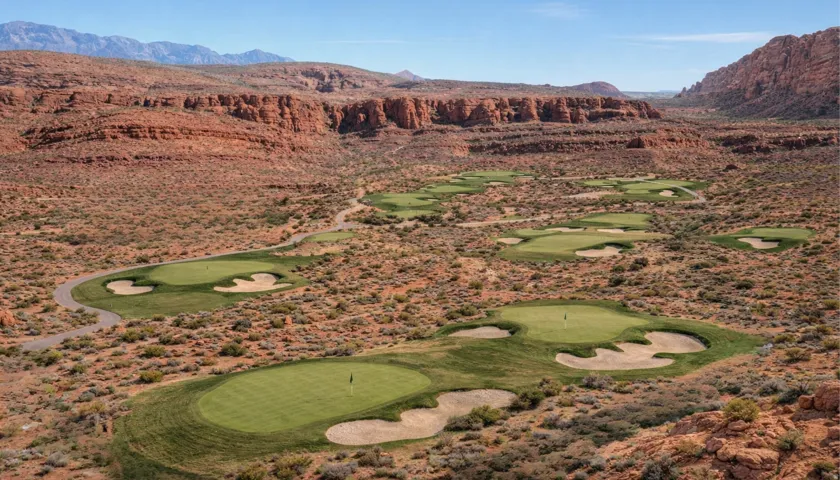 Multiple manicured golf greens with sand bunkers, surrounded by arid landscape and red rock formations