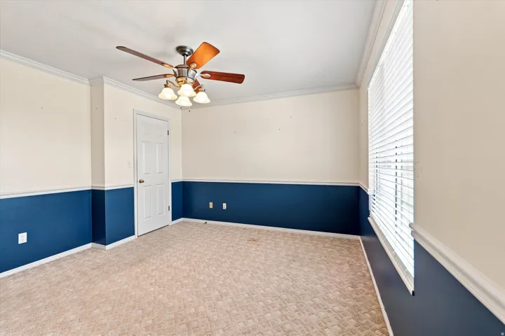 Ceiling fan with light fixture, window with horizontal blinds, neutral carpet, crown molding, and two-tone wall paint