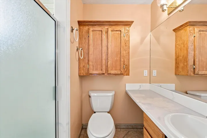 Frosted glass shower enclosure, wood-finish cabinetry, white countertop, and integrated sink