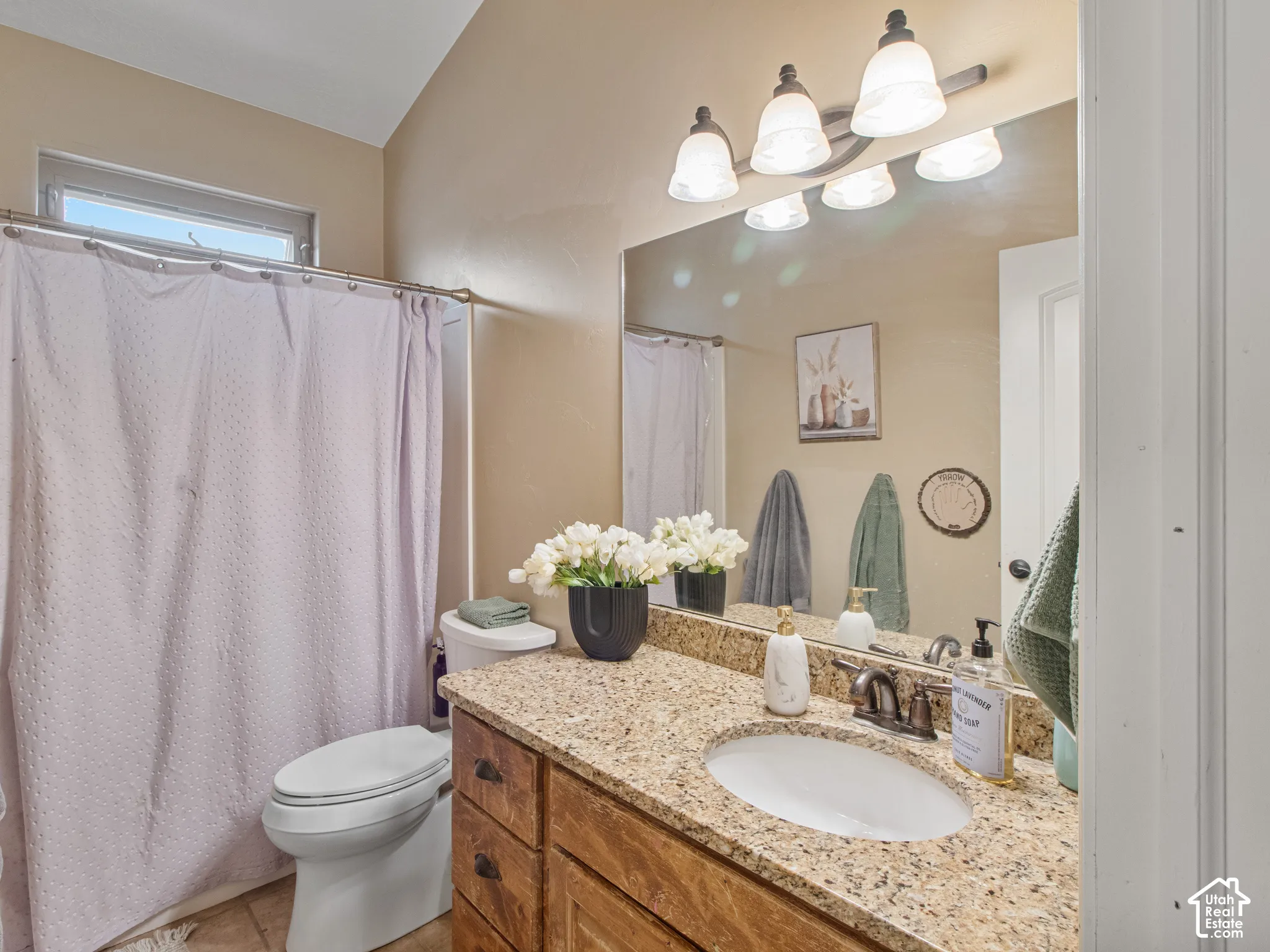 Vanity with granite countertop, integrated sink, and wood-finish cabinetry