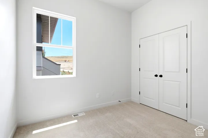 Neutral wall paint, light-toned carpeting, single-pane window, and bifold closet doors with dark hardware