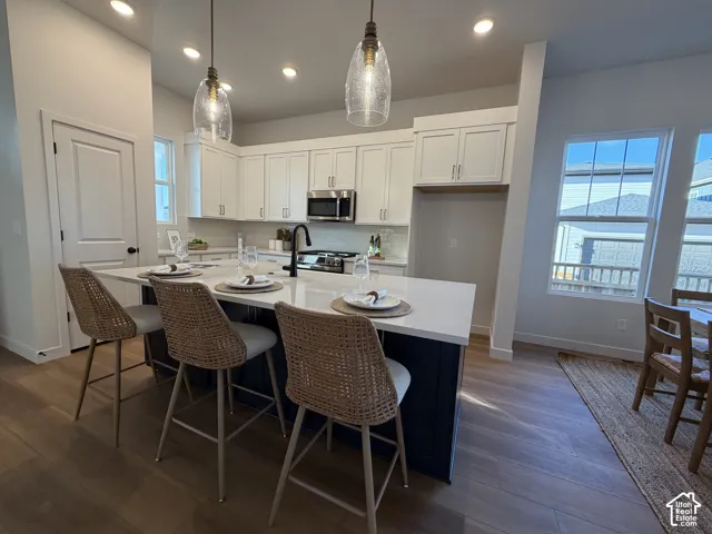 Bright kitchen featuring white shaker cabinetry, stainless steel appliances, a large island with a white countertop, and wood-finish flooring