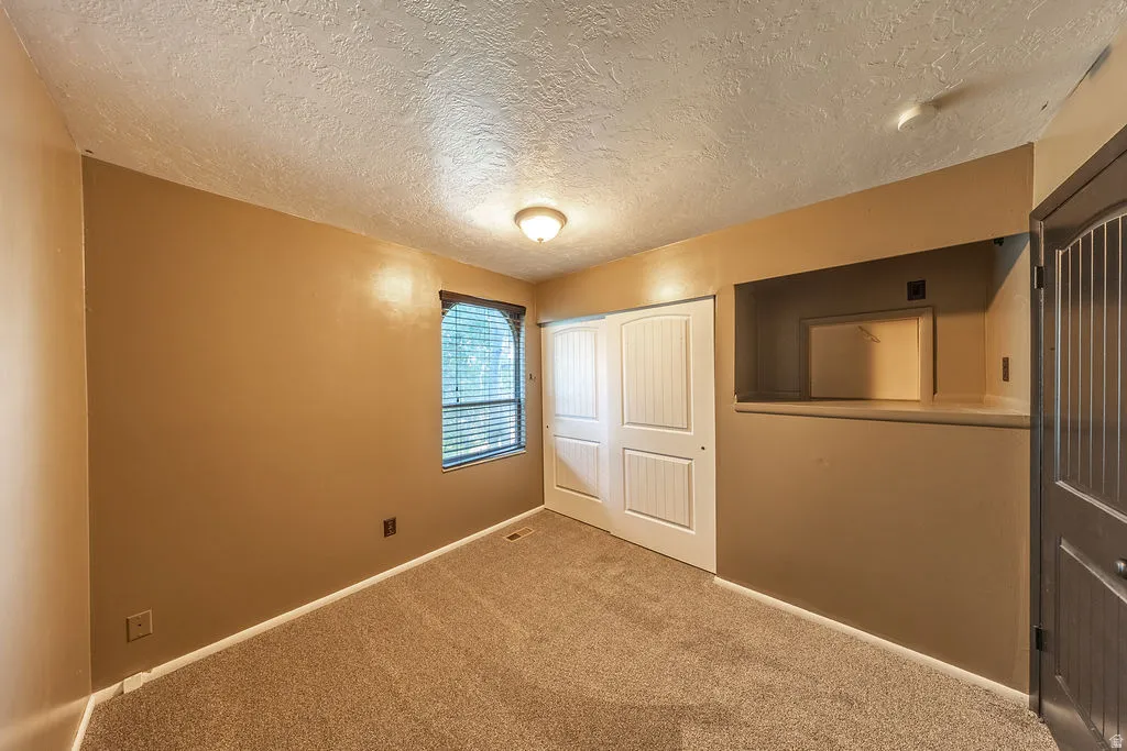 Carpeted interior space with a window featuring blinds, a built-in closet with white bifold doors, a ceiling-mounted light fixture, and textured ceilings