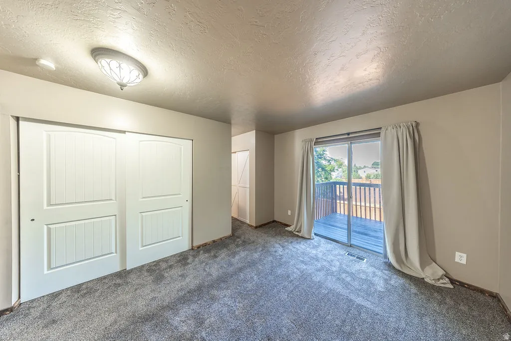 Spacious room featuring gray textured carpeting, neutral wall paint, and a sliding glass door providing exterior access