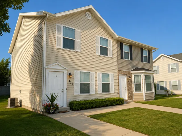 Two-story townhouse with light-colored siding