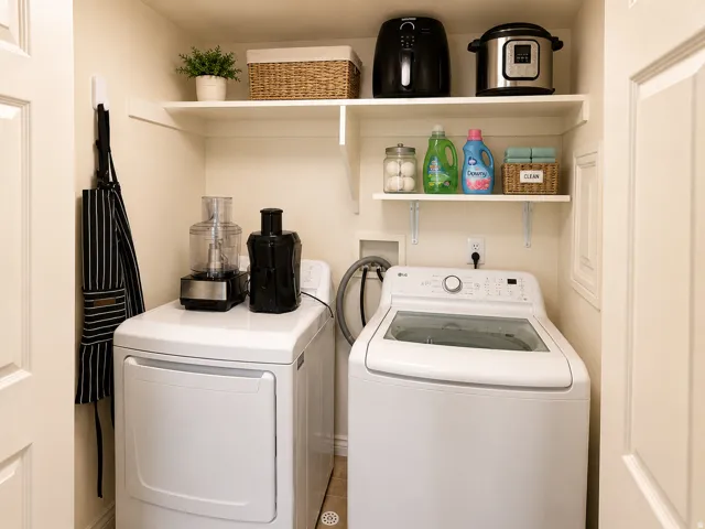 Laundry area with a front-load dryer and a top-load washing machine, complemented by white wall-mounted shelving