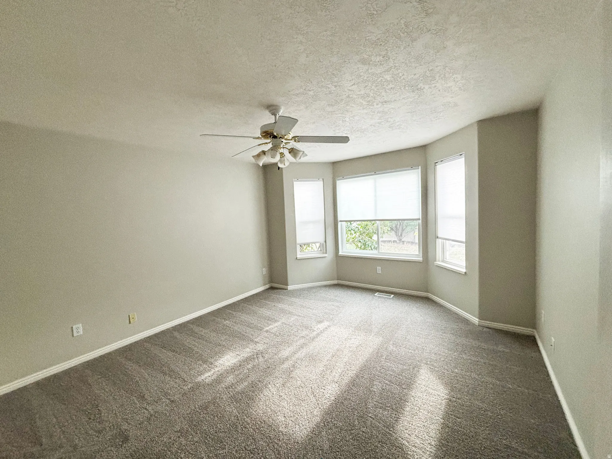 Expansive room with neutral carpeting, a ceiling fan, and multiple windows with blinds