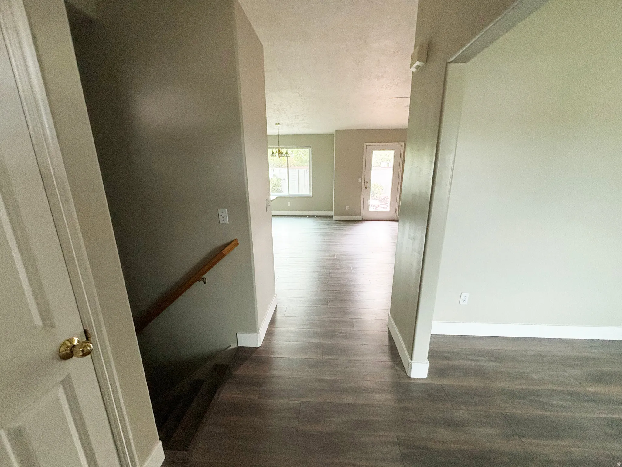 Bright, open hallway featuring wood-finish flooring throughout, neutral wall finishes, and abundant natural light from multiple windows