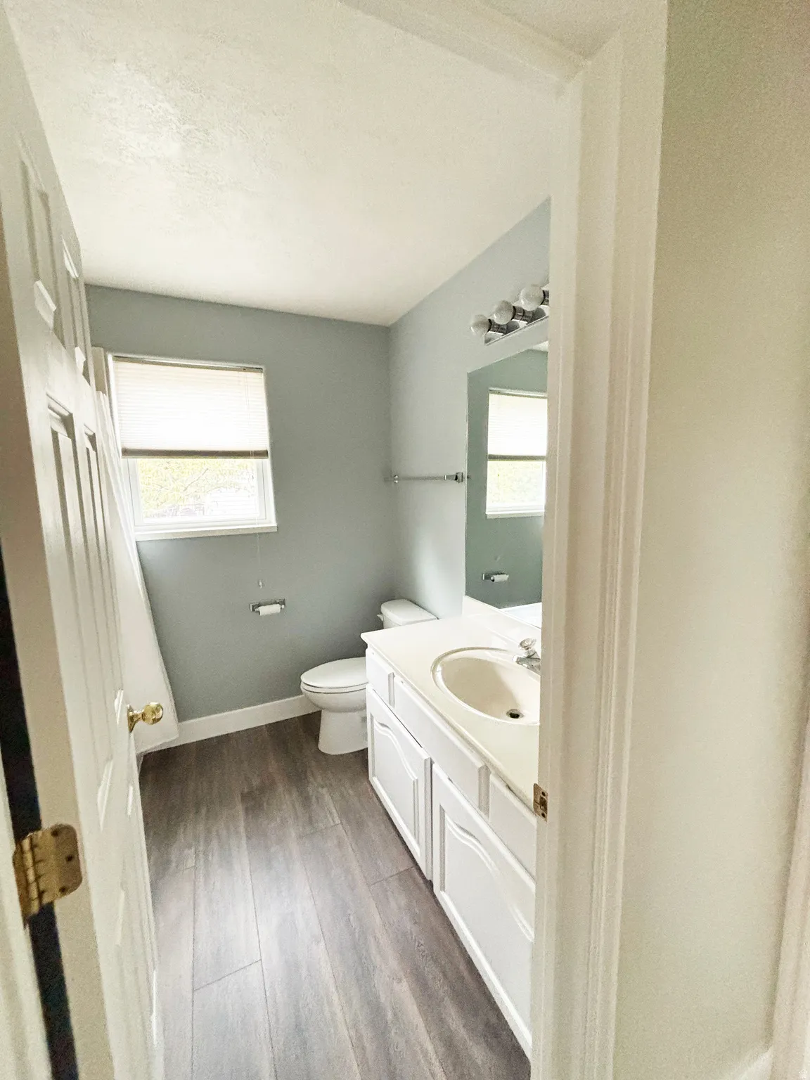 Spa-inspired primary bathroom featuring dual vanity with white cabinetry, ceramic vessel sink, wood-finish flooring, and soft gray wall treatment