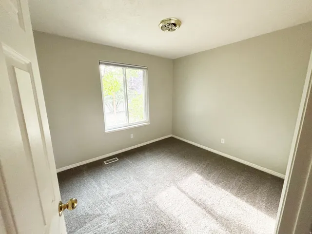 Neutral tone wall paint, carpeted flooring, window with blinds, and ceiling-mounted light fixture