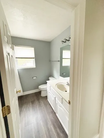 Spa-inspired primary bathroom featuring dual vanity with white cabinetry, ceramic vessel sink, wood-finish flooring, and soft gray wall treatment