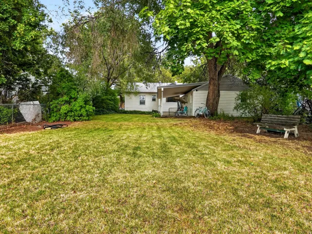 Expansive grassy yard with mature trees and a chain-link fence