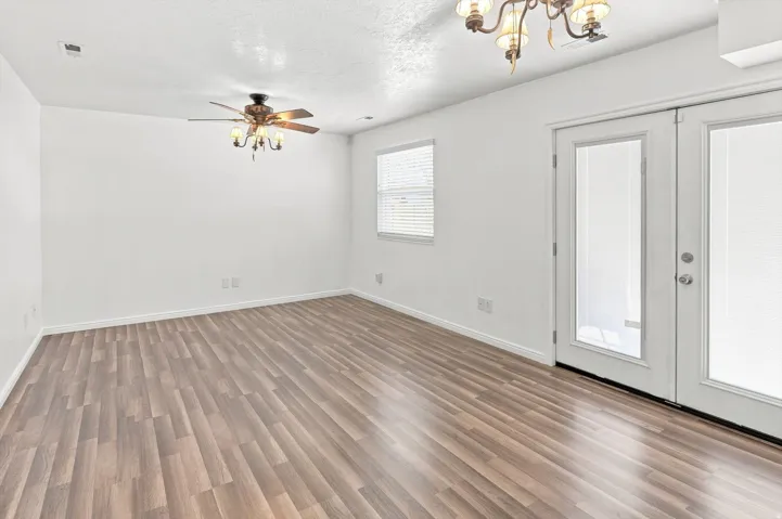 Ceiling fan, Pella french doors, loving spacious family room